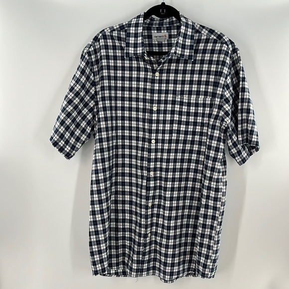 CARHARTT SHORT SLEEVE BLUE WHITE BUTTON DOWN COLLAR SHIRT LARGE - Picture 1 of 3